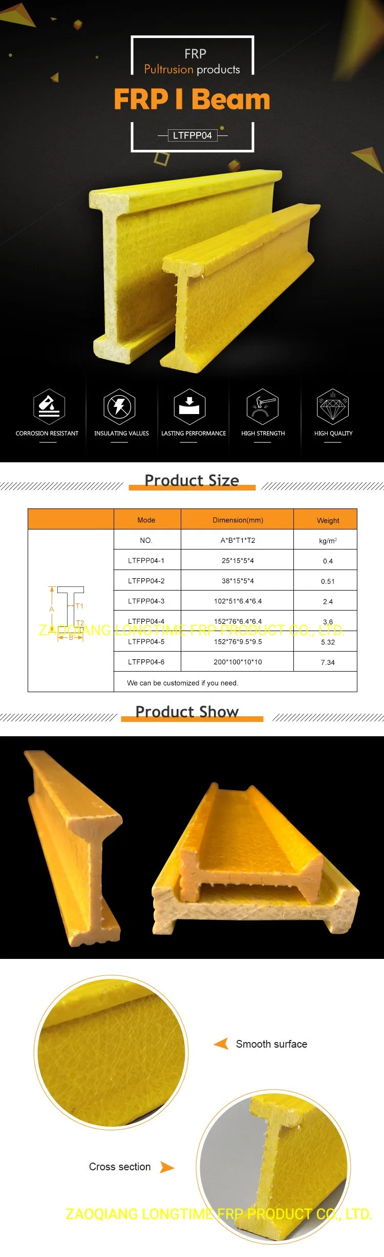 Plastic Structural UV Proof High Strength Fiberglass I Beam/ H Beam FRP Pultrusion Profile